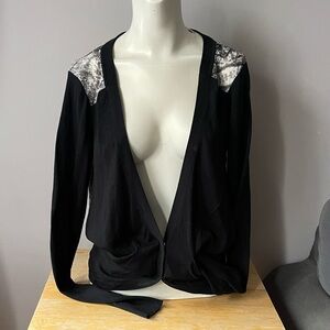 Ted Baker Forest Print Back Black Open V-Neck Cardigan
